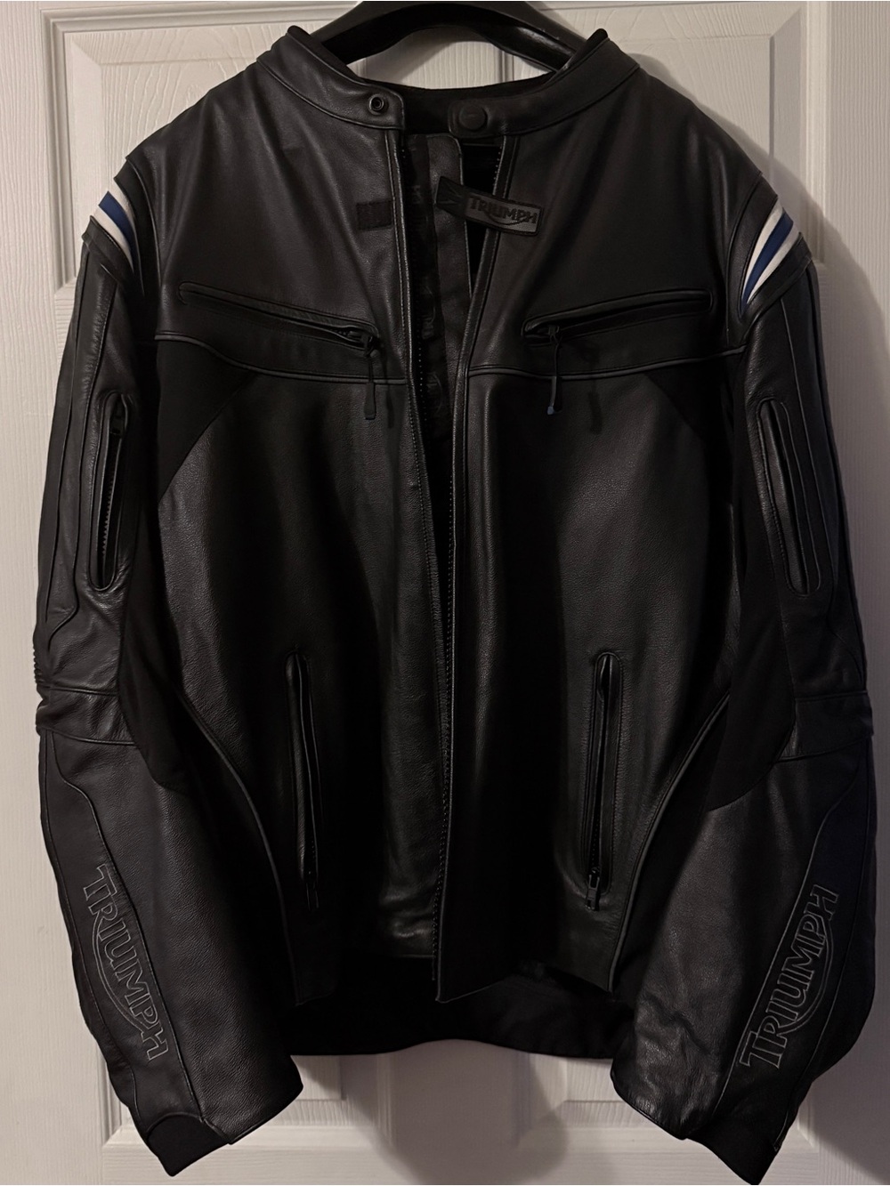 Triumph Black Leather Jacket with White and Blue Shoulder Stripes
